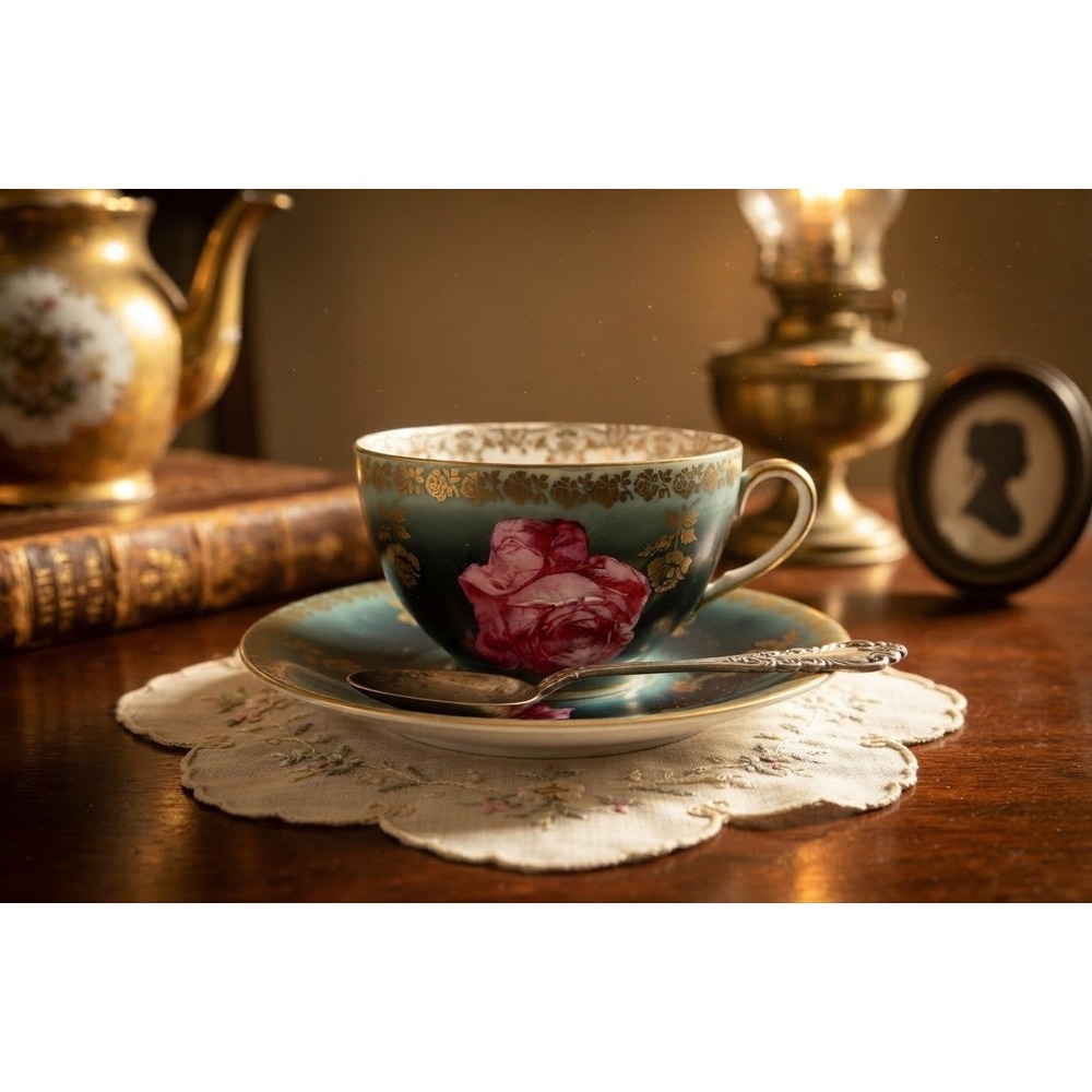 Antique Z.S. & Co Bavaria Mignon Teacup Saucer Pink Rose Gold Teal Green C.1900